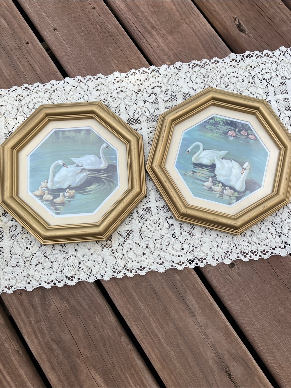 Two Vintage Swan prints matted within distinctive gold octagon frames-